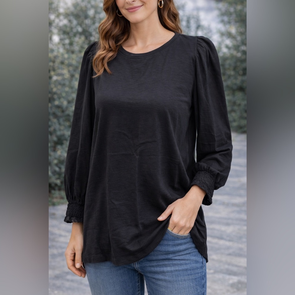 Crown & Ivy Black Puff Sleeve Smocked Cuff Top Size L